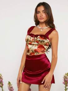 SHEINNeu Bộ đồ hai mảnh nữ Bất đối xứng Lộ Lưng Thắt nút Xù Dây kéo Hoa Thanh lịch - Màu Đỏ Sâu - Xem 6