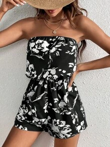 SHEIN VCAY Floral Print Tube Romper - Black and White - View 3