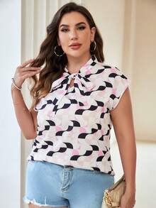 Áo sơ mi Plus Size Thắt nơ trước Hình học Tất cả trên in Giải trí - Nhiều màu - Xem 4