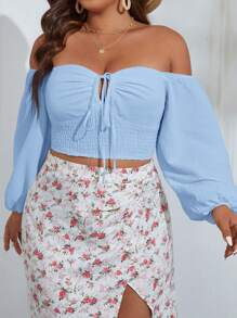 Dreamara 大碼一字肩前打結短款襯衫 - 淺藍色 - 查看 4