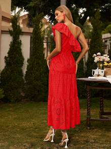 Glamaker 單肩荷葉邊網眼刺繡連衣裙 - 紅色 - 查看 2