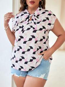 Áo sơ mi Plus Size Thắt nơ trước Hình học Tất cả trên in Giải trí - Nhiều màu - Xem 8