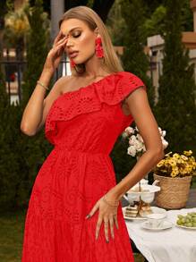 Glamaker 單肩荷葉邊網眼刺繡連衣裙 - 紅色 - 查看 4