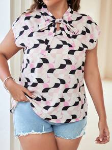 Áo sơ mi Plus Size Thắt nơ trước Hình học Tất cả trên in Giải trí - Nhiều màu - Xem 9