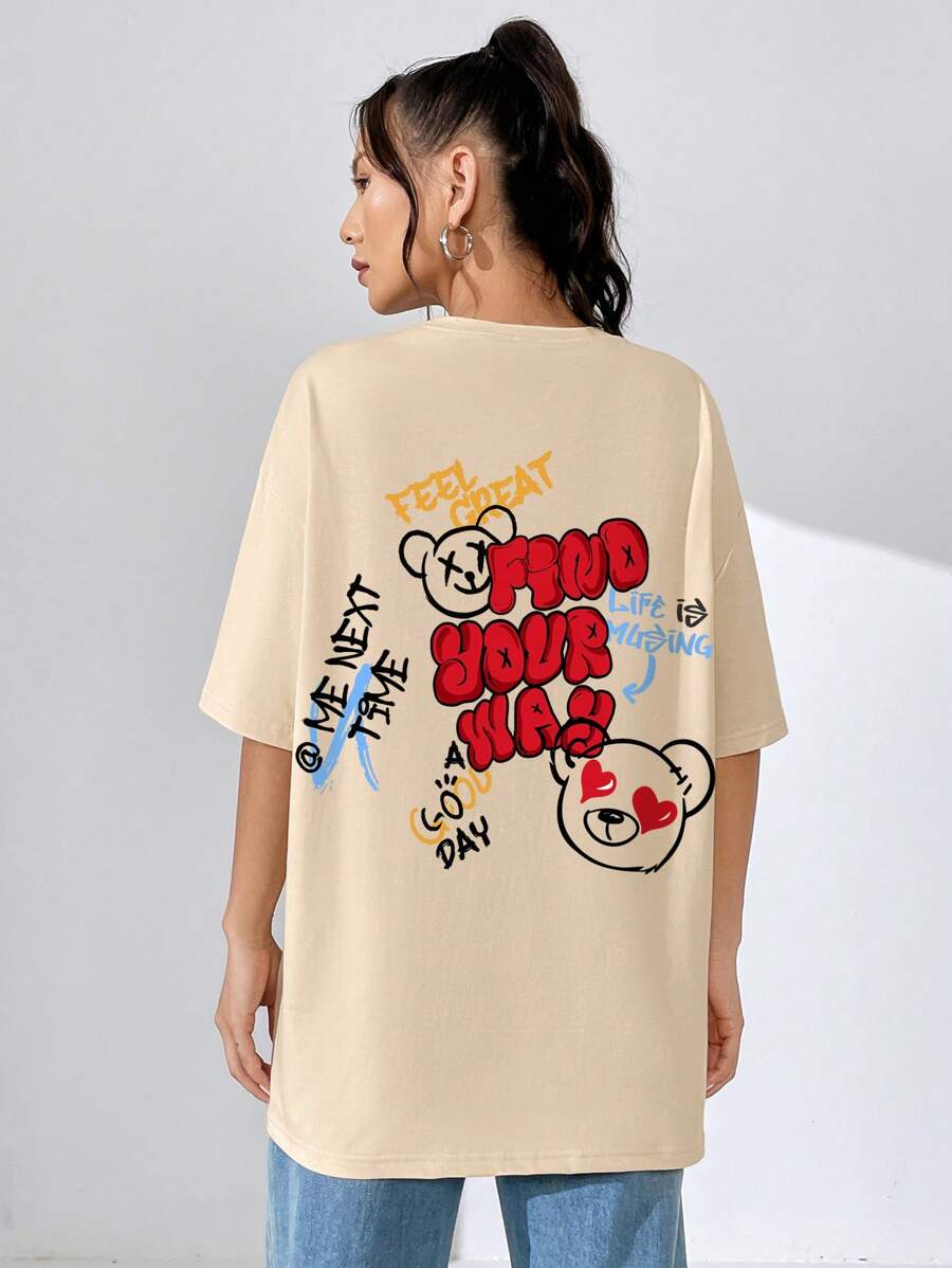 SHEIN EZwear Slogan & Cartoon Graphic Drop Shoulder Oversized Tee - Apricot - View 1