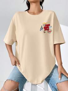SHEIN EZwear Slogan & Cartoon Graphic Drop Shoulder Oversized Tee - Apricot - View 2