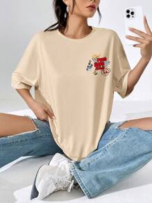SHEIN EZwear Slogan & Cartoon Graphic Drop Shoulder Oversized Tee - Apricot - View 3