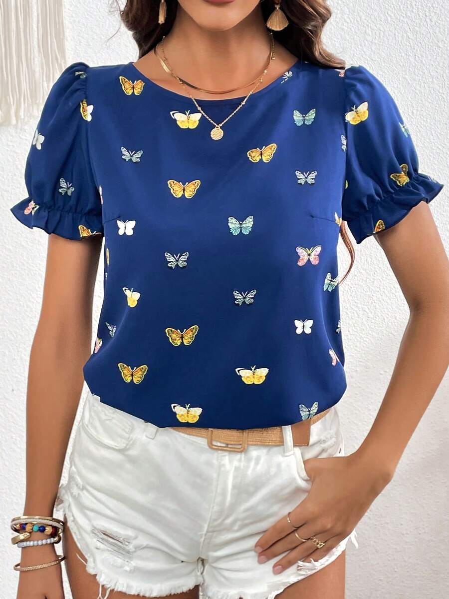 SHEIN VCAY Áo sơ mi nữ viền lá sen Loại bướm Tất cả trên in Giải trí - Màu xanh hải quân - Xem 1