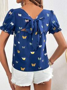 SHEIN VCAY Áo sơ mi nữ viền lá sen Loại bướm Tất cả trên in Giải trí - Màu xanh hải quân - Xem 2