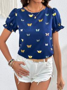 SHEIN VCAY Áo sơ mi nữ viền lá sen Loại bướm Tất cả trên in Giải trí - Màu xanh hải quân - Xem 3