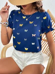 SHEIN VCAY Áo sơ mi nữ viền lá sen Loại bướm Tất cả trên in Giải trí - Màu xanh hải quân - Xem 4