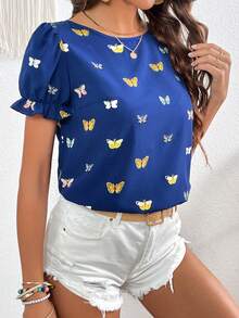 SHEIN VCAY Áo sơ mi nữ viền lá sen Loại bướm Tất cả trên in Giải trí - Màu xanh hải quân - Xem 5