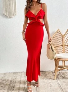 SHEIN VCAY 後背繫帶荷葉邊高衩吊帶洋裝 - 紅色 - 查看 3