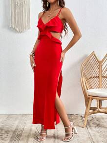 SHEIN VCAY 後背繫帶荷葉邊高衩吊帶洋裝 - 紅色 - 查看 4