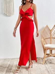 SHEIN VCAY 後背繫帶荷葉邊高衩吊帶洋裝 - 紅色 - 查看 5