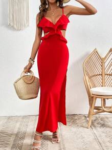 SHEIN VCAY 後背繫帶荷葉邊高衩吊帶洋裝 - 紅色 - 查看 6