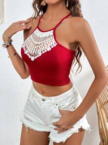 SHEIN VCAY Contrast Guipure Lace Cami Top - Red - View 6