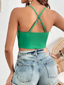 SHEIN VCAY 拼接水溶蕾絲掛脖上衣 - 綠色 - 查看 2