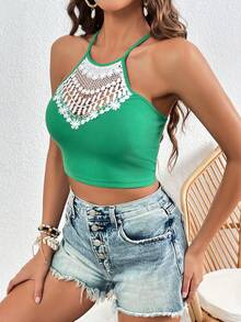 SHEIN VCAY 拼接水溶蕾絲掛脖上衣 - 綠色 - 查看 4