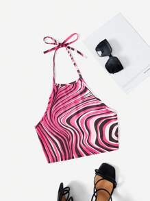 Soleia Marble Print Tie Backless Halter Top - Hot Pink - View 1