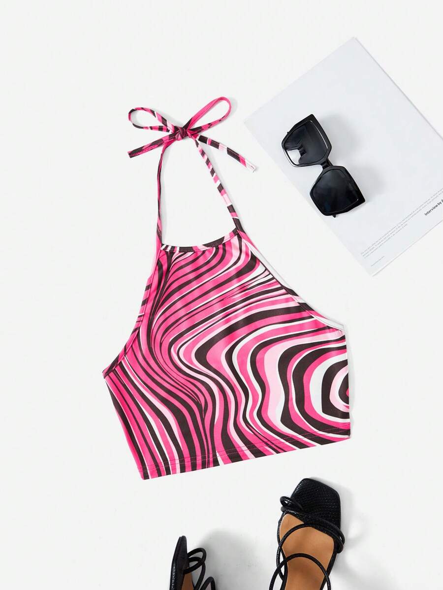 Soleia Marble Print Tie Backless Halter Top - Hot Pink - View 1