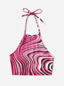 Soleia Marble Print Tie Backless Halter Top - Hot Pink - View 3