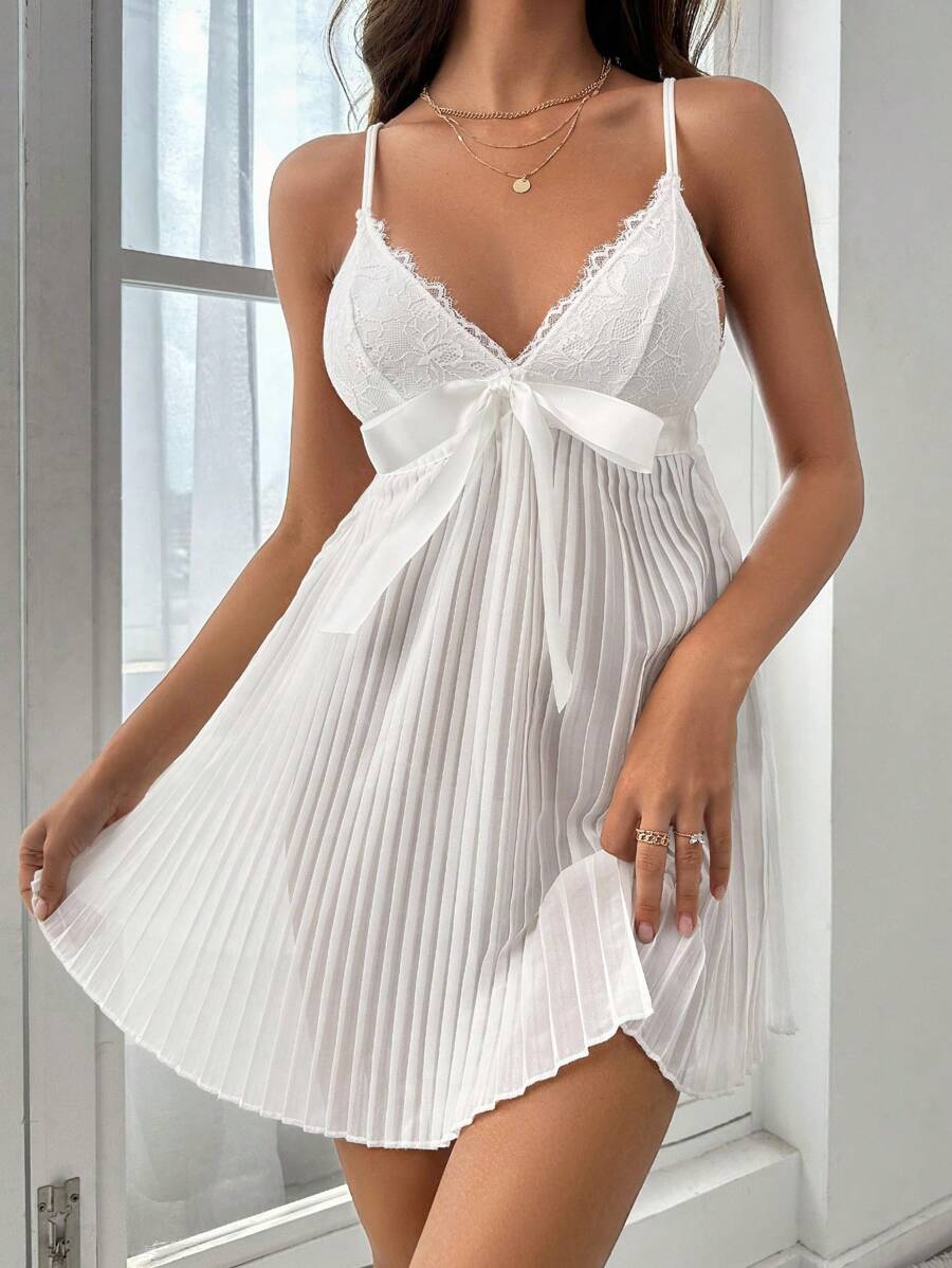 Contrast Lace Bow Front Pleated Hem Cami Nightdress - White - View 1