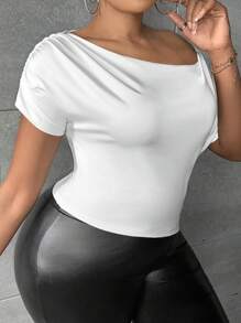 Slaydiva Áo thun Plus size Bất đối xứng Xù màu trơn Giải trí - trắng - Xem 3