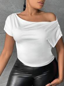 Slaydiva Áo thun Plus size Bất đối xứng Xù màu trơn Giải trí - trắng - Xem 4