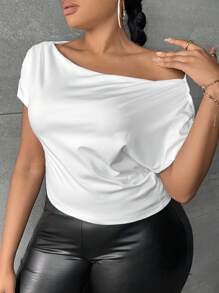 Slaydiva Áo thun Plus size Bất đối xứng Xù màu trơn Giải trí - trắng - Xem 5