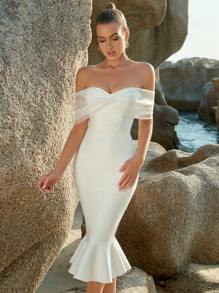 Elisanya Vestido de fiesta con hombros descubiertos y bajo con cola de sirena en color blanco, elegante vestido de cóctel semioficial para boda, fiesta, graduación, cena, regreso a casa en verano