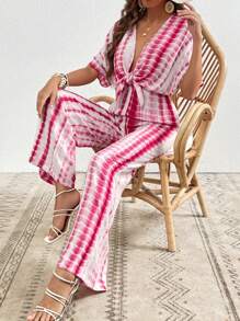 SHEIN VCAY Áo liền quần nữ Thắt nơ trước Cà vạt nhuộm Gợi cảm - Hồng - Xem 1