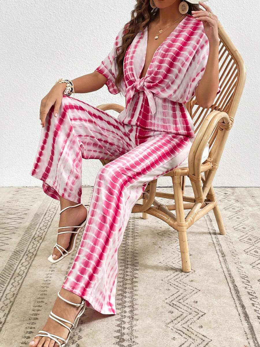 SHEIN VCAY Áo liền quần nữ Thắt nơ trước Cà vạt nhuộm Gợi cảm - Hồng - Xem 1