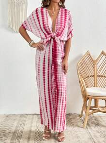 SHEIN VCAY Áo liền quần nữ Thắt nơ trước Cà vạt nhuộm Gợi cảm - Hồng - Xem 4