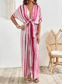 SHEIN VCAY Áo liền quần nữ Thắt nơ trước Cà vạt nhuộm Gợi cảm - Hồng - Xem 5