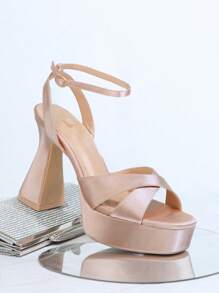 Open Toe Structured Block Heels - Apricot - View 2