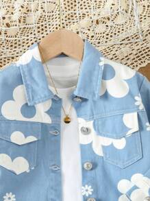 Young Girl Floral Print Flap Pocket Denim Jacket Without Tee