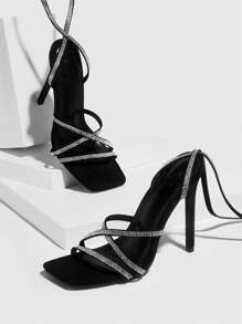 Women Rhinestone Decor Stiletto Heeled Strappy Sandals, Glamorous Summer Heeled Sandals