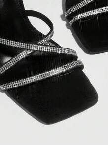 Women Rhinestone Decor Stiletto Heeled Strappy Sandals, Glamorous Summer Heeled Sandals