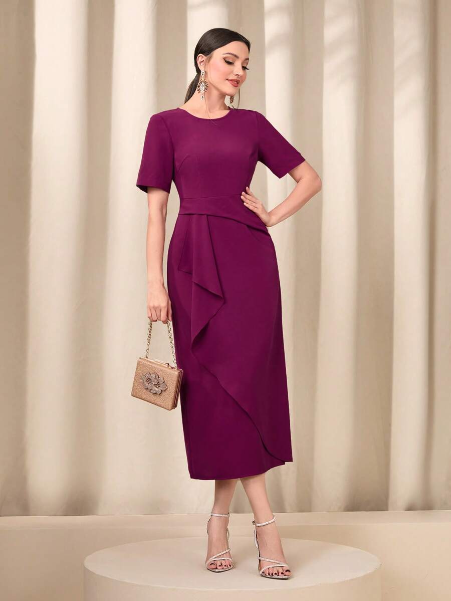 Modelyn 素色荷葉邊後背開衩連衣裙 - 紫羅蘭色 - 查看 1