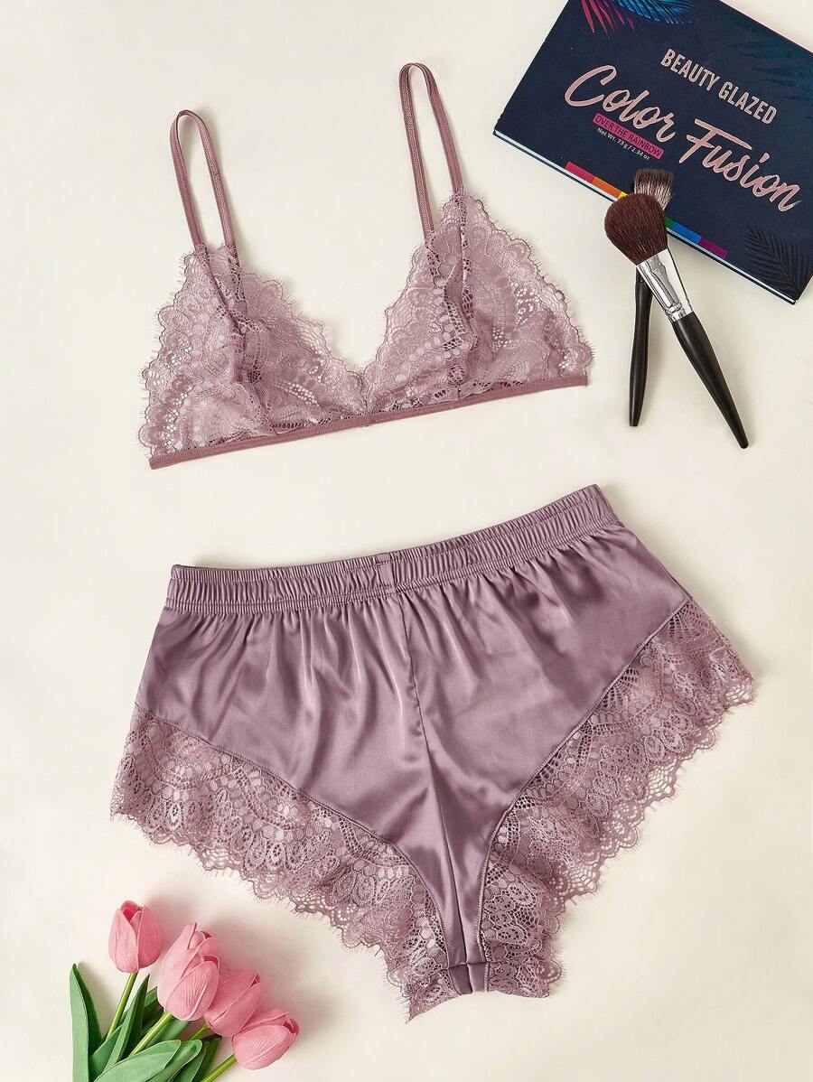 Contrast Lace Satin PJ Set / Pajama Set - Dusty Purple - View 1