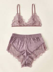 Contrast Lace Satin PJ Set / Pajama Set - Dusty Purple - View 3