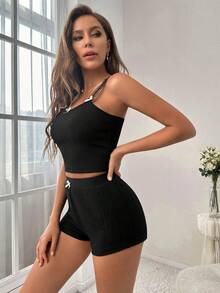 Contrast Mesh Bow Front Cami Top & Shorts Lounge Set - Black - View 4