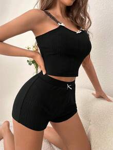Contrast Mesh Bow Front Cami Top & Shorts Lounge Set - Black - View 5