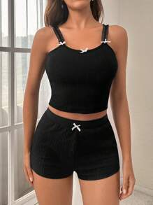 Contrast Mesh Bow Front Cami Top & Shorts Lounge Set - Black - View 1