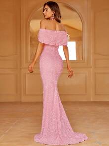 Vestido formal de fiesta con hombros descubiertos, abertura y lentejuelas - Rosa - Ver 2