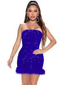 Đầm Tương phản lông thú giả ghép mộng kim sa màu trơn Buổi tiệc - Màu xanh lam - Xem 3