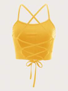 SHEIN ICON Lace Up Back Cami Top - Yellow - View 2