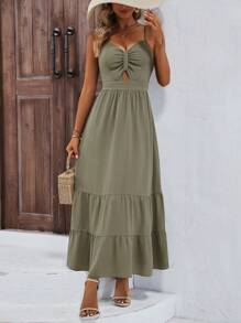 SHEIN LUNE 鏤空褶邊荷葉邊吊帶洋裝 - 軍綠色 - 查看 1