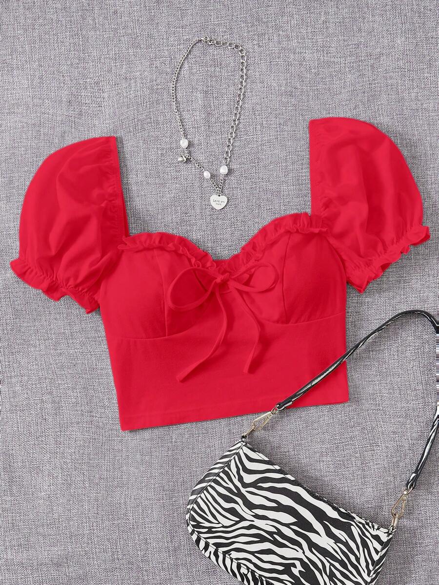 SHEIN EZwear 褶邊前打結短款上衣